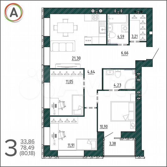 3-к. квартира, 80,2 м², 3/9 эт.