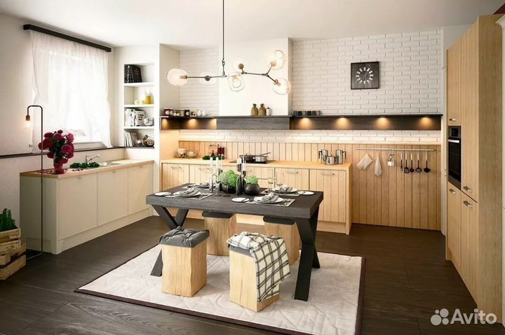 Кухня на заказ прямая угловая с островом Арт.7