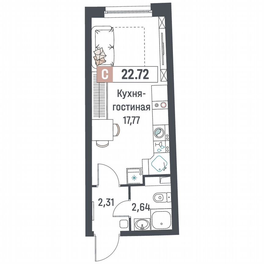 Квартира-студия, 22,7 м², 2/18 эт.