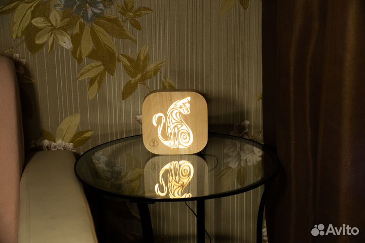 Эко ночник светильник из дерева Кошка