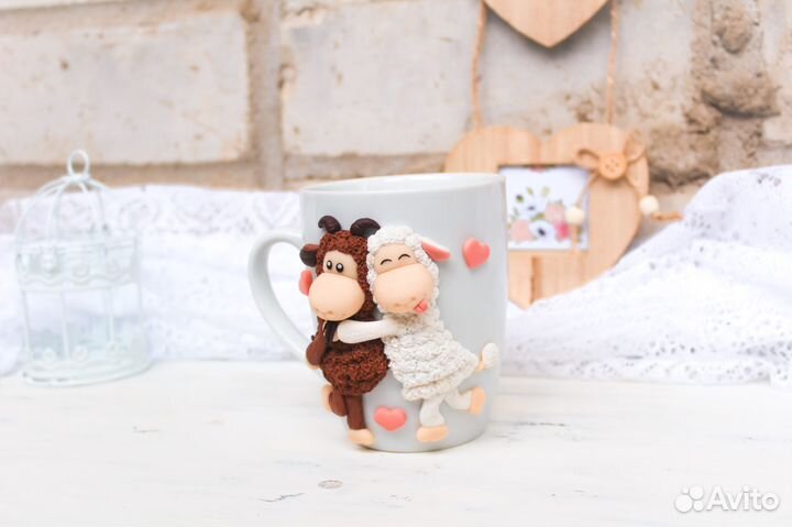 Кружка с декором из полимерной глины. Овечки