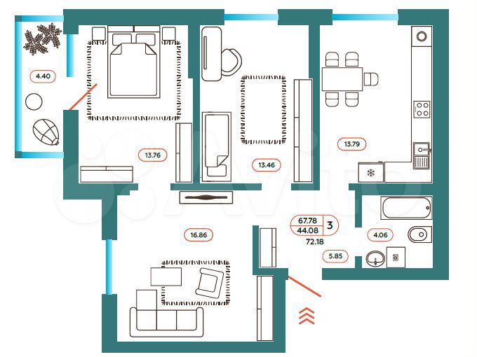 3-к. квартира, 72,2 м², 1/8 эт.