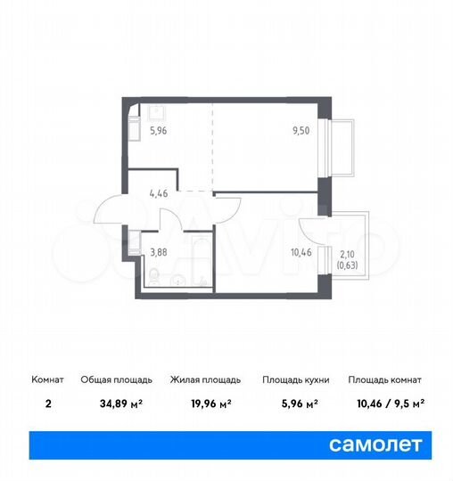 2-к. квартира, 34,9 м², 10/17 эт.