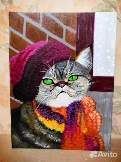 Картина. Акрил. *Котик в шапке* )