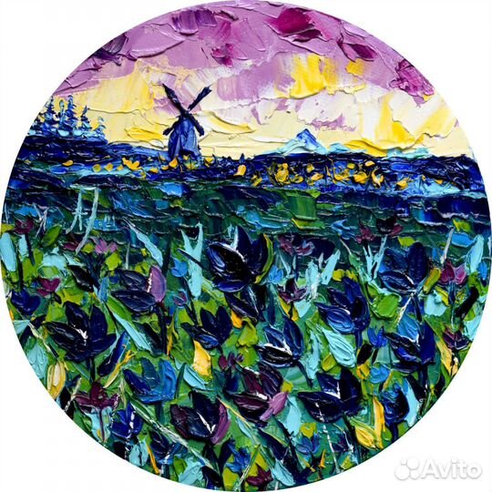 Картина маслом на холсте Синие тюльпаны импасто