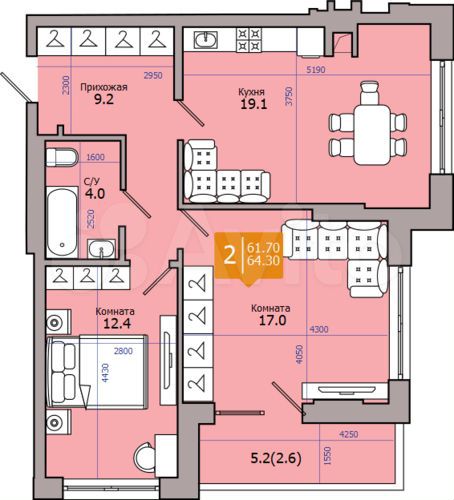 2-к. квартира, 64,3 м², 6/18 эт.