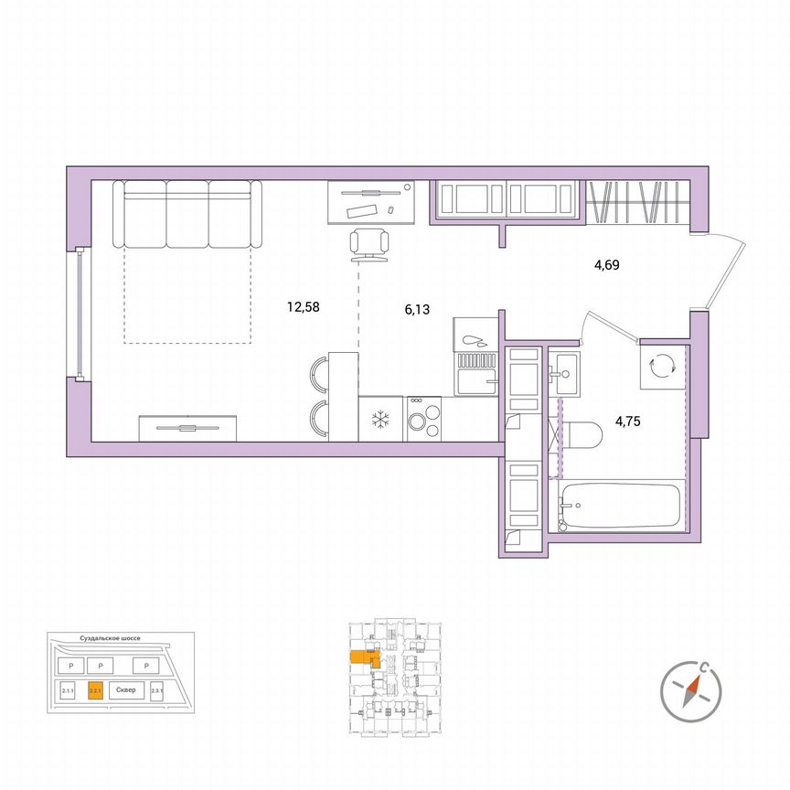 Квартира-студия, 28,2 м², 16/25 эт.