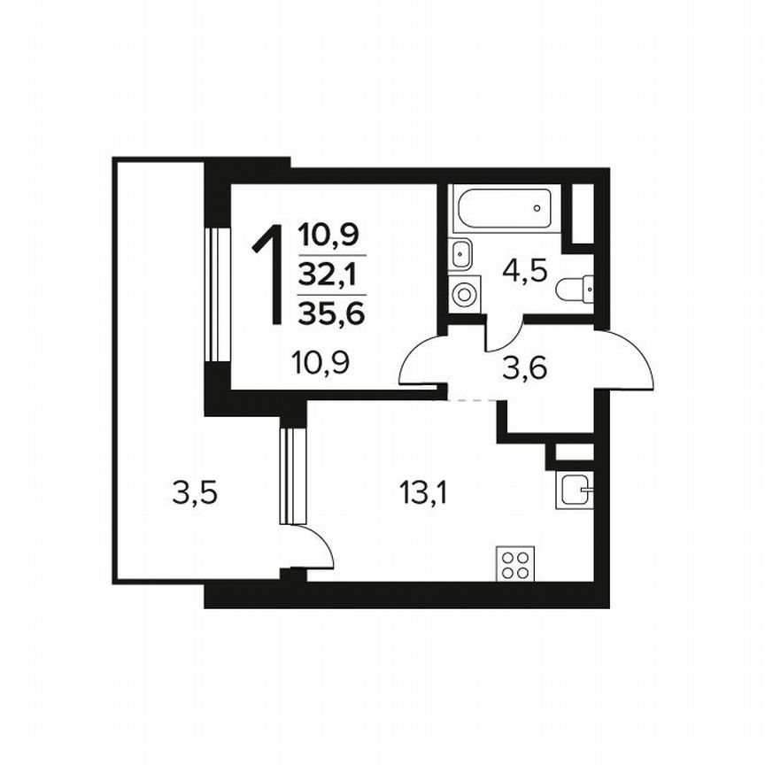 1-к. квартира, 35,6 м², 1/9 эт.