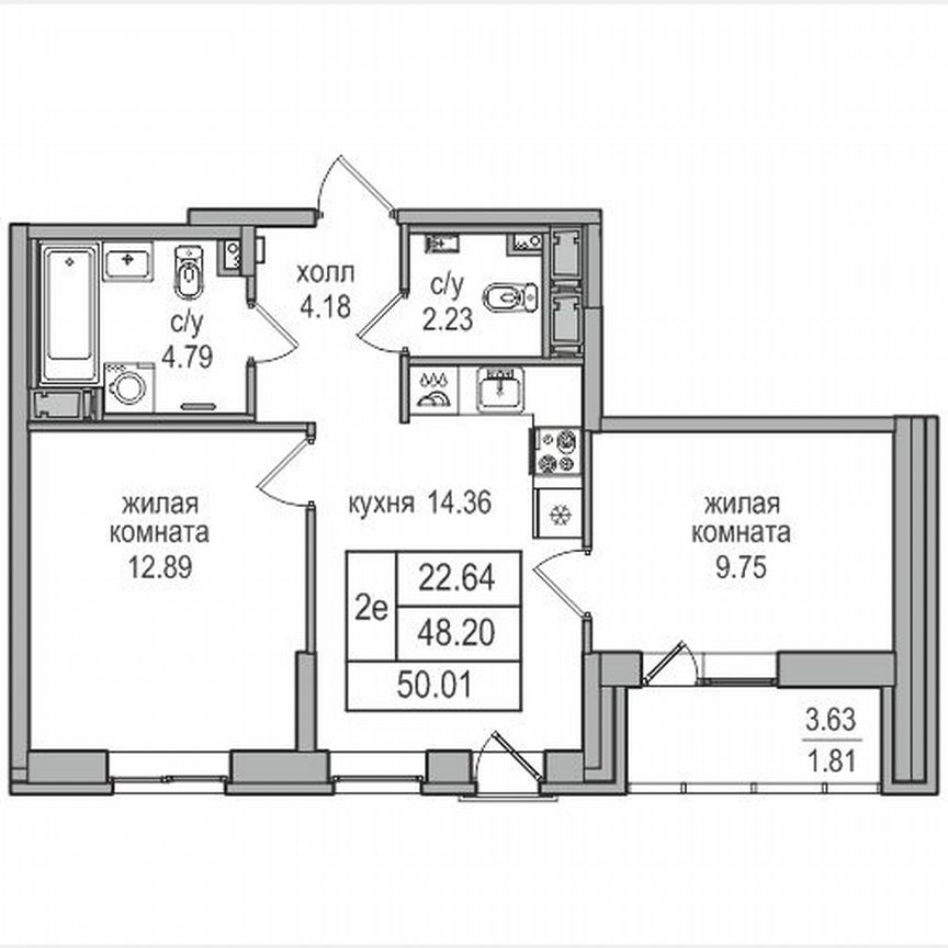 2-к. квартира, 49,4 м², 8/17 эт.