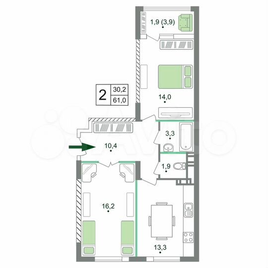 2-к. квартира, 61 м², 13/19 эт.