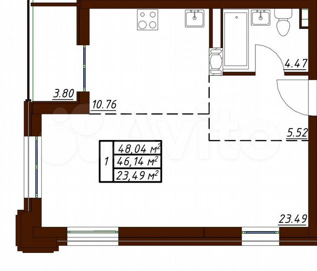 1-к. квартира, 48 м², 6/19 эт.