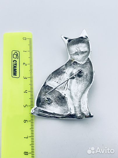 Винтажная брошь кошка в серебристом США 80е