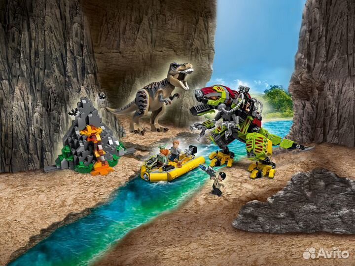 Бой тираннозавра и робота-динозавра аналог лего