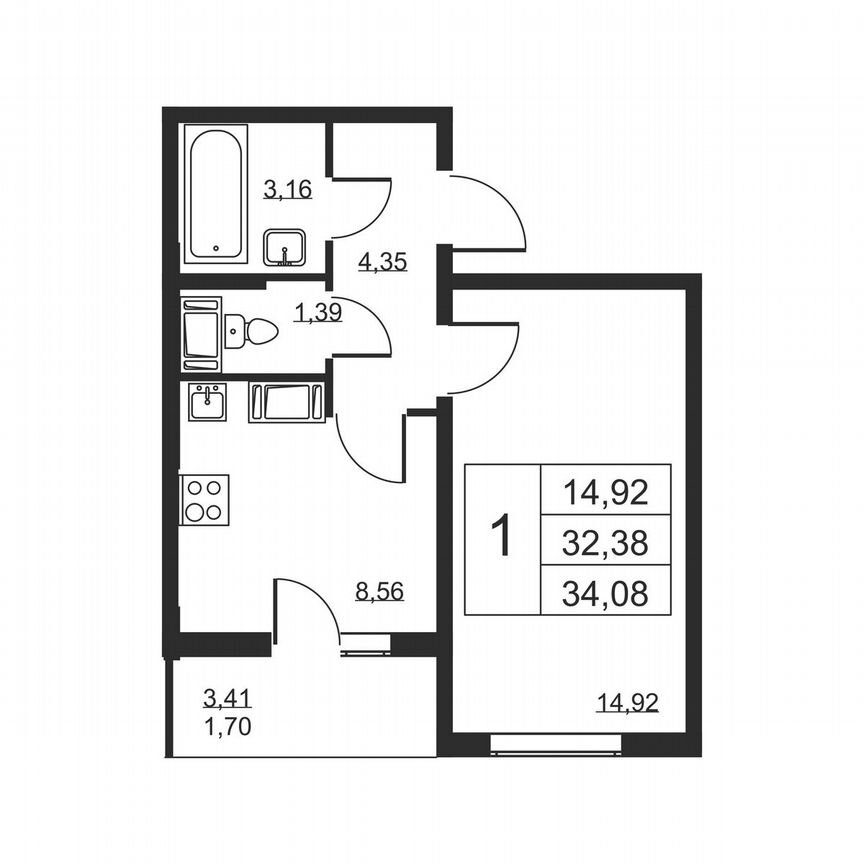 1-к. квартира, 34,1 м², 18/19 эт.