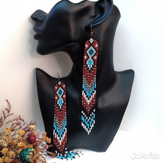 Длинные серьги кисти из бисера в этническом стиле