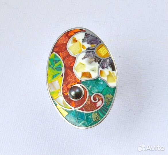 Серьги кольцо с эмалью, мозаика ручная работа