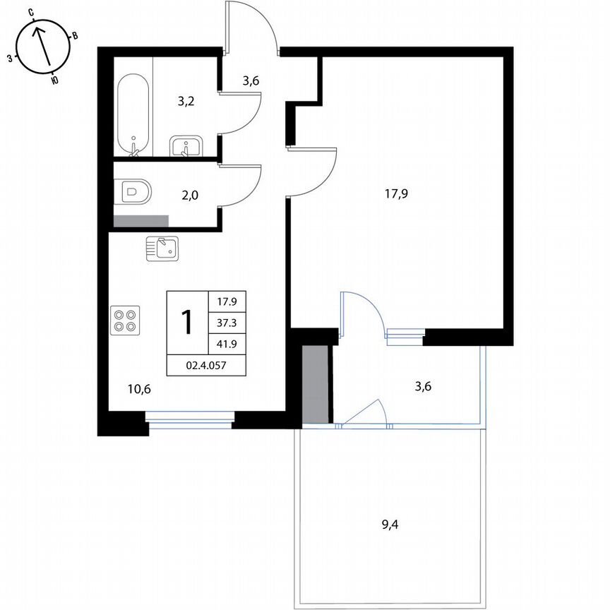 1-к. квартира, 41,9 м², 1/3 эт.