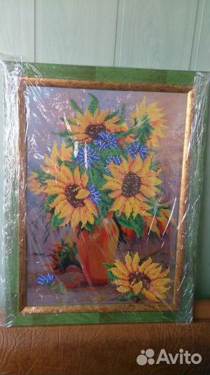 Картина, вышивка бисером, подсолнухи