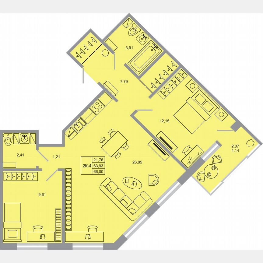 2-к. квартира, 66 м², 12/17 эт.