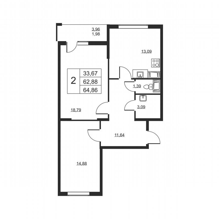 2-к. квартира, 64,9 м², 17/19 эт.