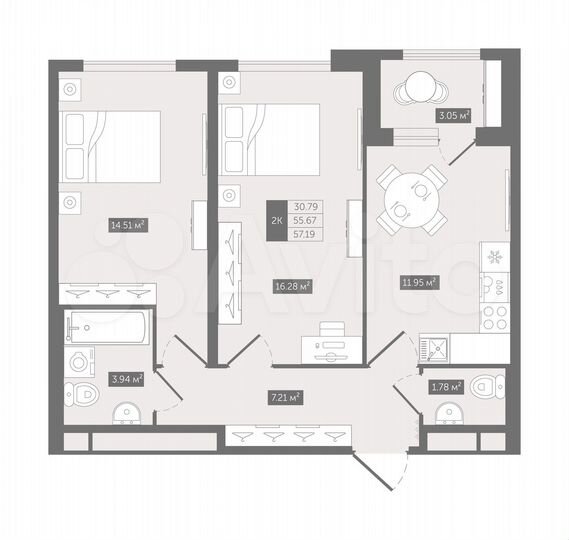 2-к. квартира, 57,2 м², 10/12 эт.