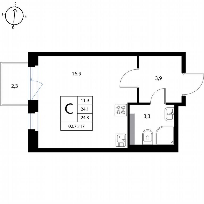 Квартира-студия, 24,8 м², 2/3 эт.