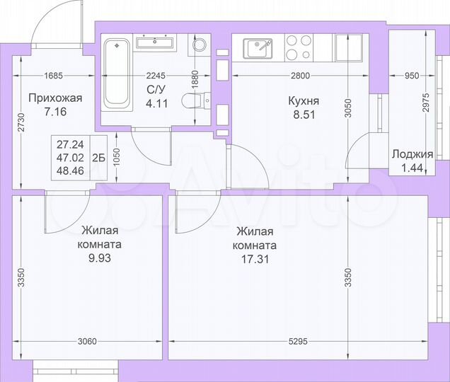 2-к. квартира, 48,5 м², 12/25 эт.