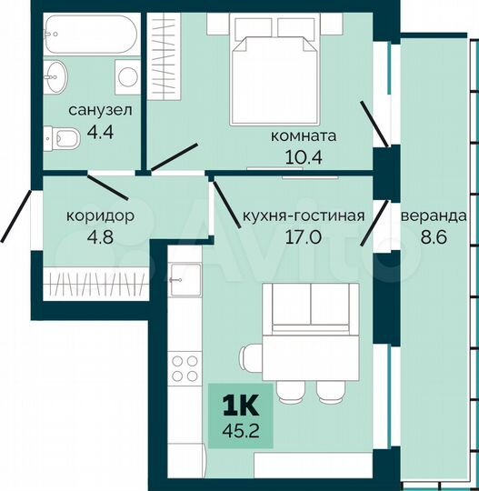1-к. квартира, 45,2 м², 6/10 эт.