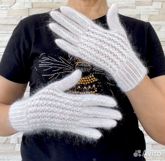Перчатки вязаные белые ажурные Козий пух
