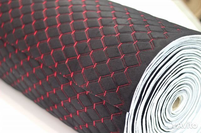 Ткань велюр черный на порол. + стежка ромб красный