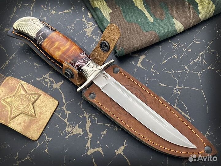 Нож финка «нквд», сталь К340, рукоять акрил коричневого цвета, литье мельхиор