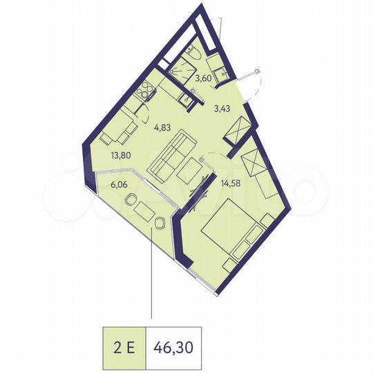 2-к. квартира, 46,3 м², 4/20 эт.