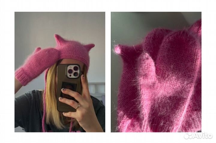 Комплект чепчик с ушками+варежки