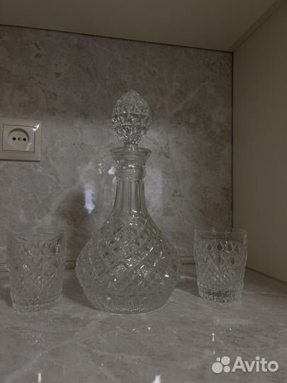 Хрустальный графин с крышкой и 2 стакана СССР