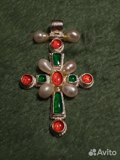 Серебряный крестик 925 с эмалями и жемчугом