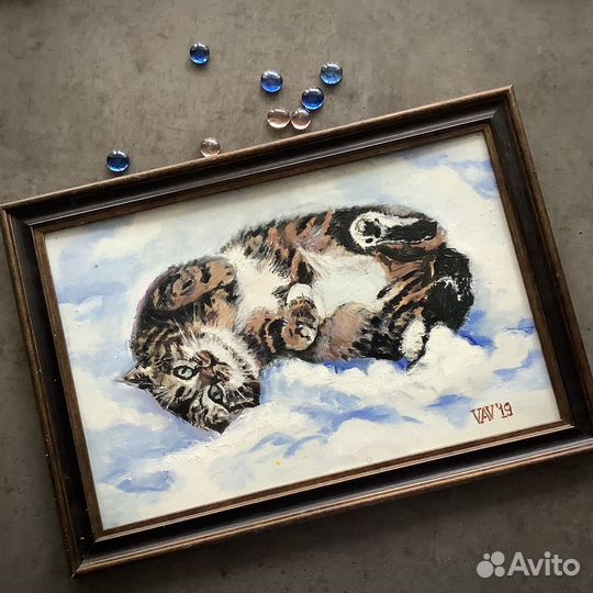 Картина маслом в раме Котик на снегу 20х30 см