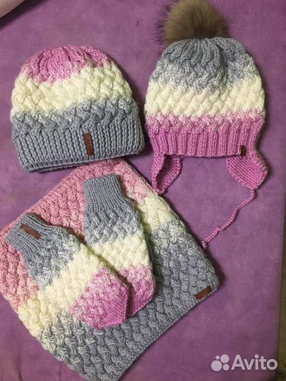 Комплект шапка снуд варежки + детская шапка
