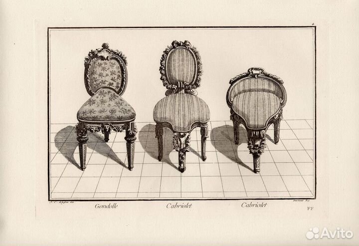 Гравюры. Франция. Старинная мебель. Кровати. Кресл