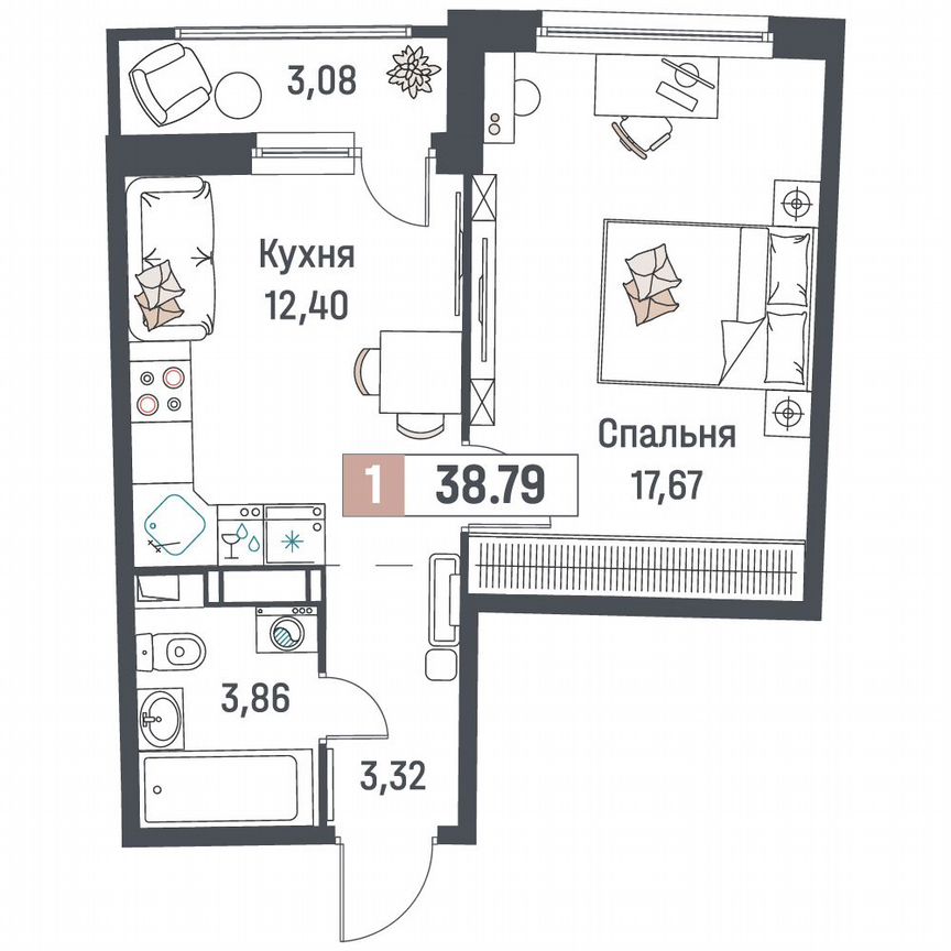 1-к. квартира, 38,8 м², 17/18 эт.