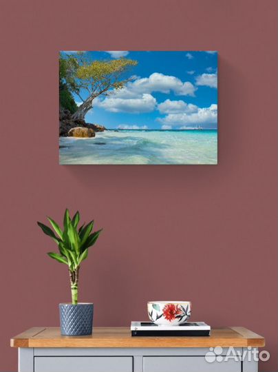 Картина летняя с песчаным пляжем на холсте