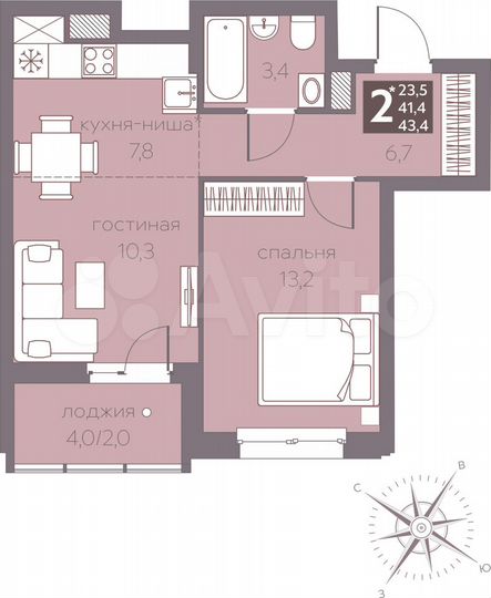 2-к. квартира, 43,4 м², 9/16 эт.
