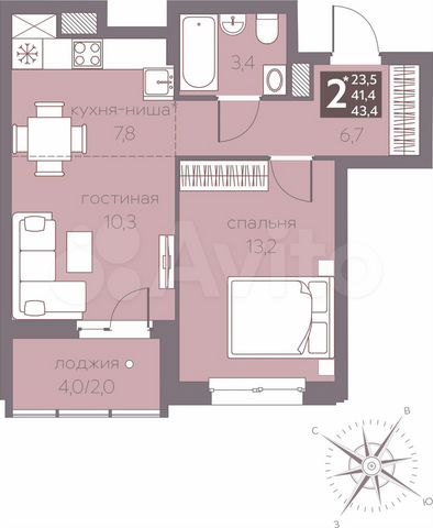 2-к. квартира, 43,4 м², 9/16 эт.