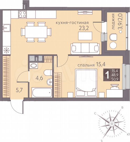 1-к. квартира, 50,9 м², 3/16 эт.
