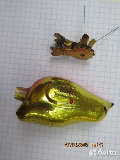 Елочная игрушка. Снегирь. Прищепка. СССР. Стекло