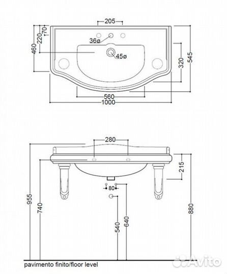 Раковина с держателями Kerasan Retro 105001 100 см