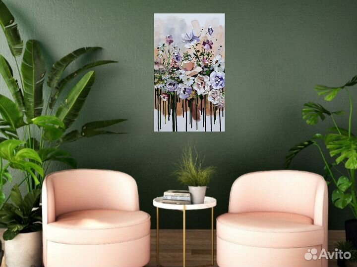 Картина маслом цветы Белые Розы интерьерная нежная