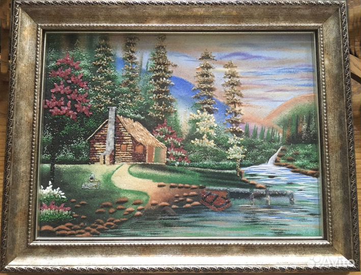 Интерьерная картина Дом у реки из самоцветов