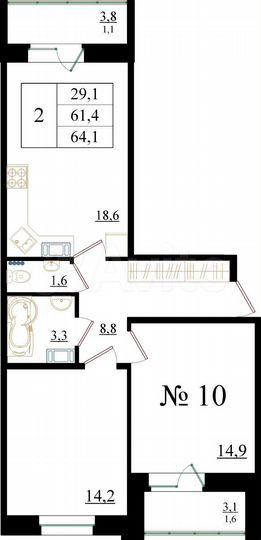 2-к. квартира, 64,1 м², 2/8 эт.