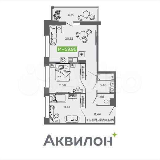 2-к. квартира, 60 м², 4/9 эт.