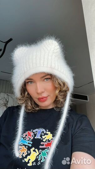 Шапка чепчик Мишка котик ангора